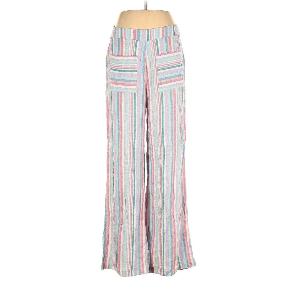 Ashley Stewart Womens 10 High Pant Flowy Striped Boho Grandmacore Linen Wide Leg